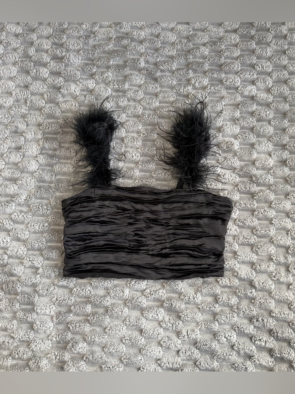 Black Ruched Cropped Tank Top with Feather Straps Y2K Party